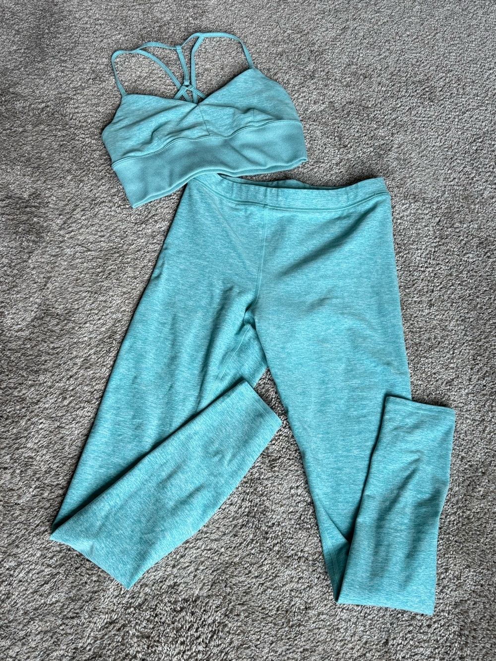 Alo Blue Quartz Heather Leggings & Crop Top set, Size Small